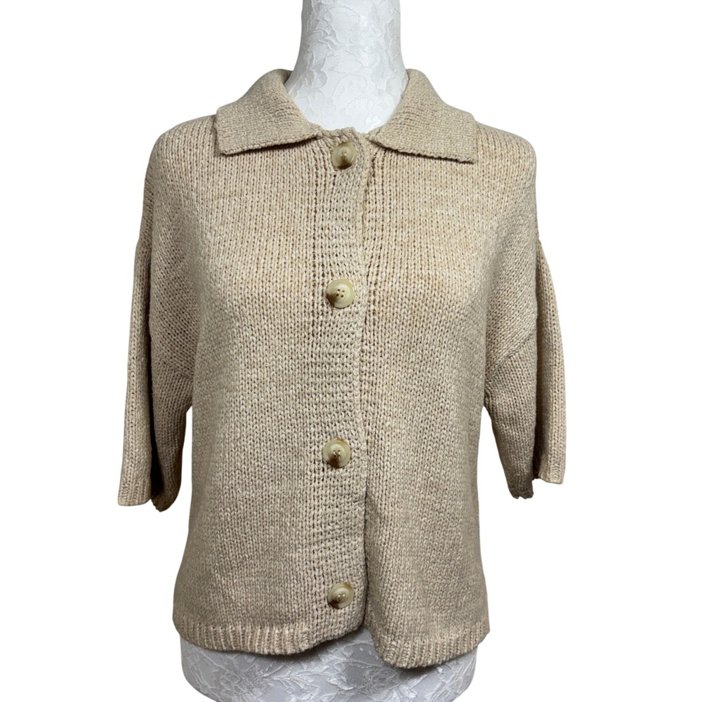 Flat White Beige Collared Knit Short Sleeve Button Up Cardigan Sweater Womens S